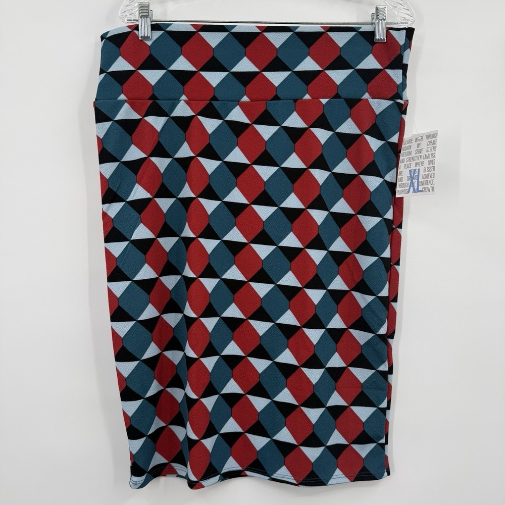 Lularoe Skirt Womens XL Blue Red Geometric Cassie Pencil Knee Length Stretch‎